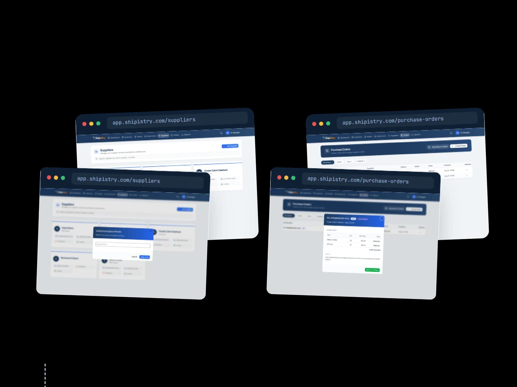 Four browser windows: a supplier directory of vendor cards with a Link Items to Sysco Foods dialog open, and the purchase orders list with an AI-generated order for Ocean Catch Seafood expanded to show two seafood line items, an order total, and a Mark as Fulfilled button.
