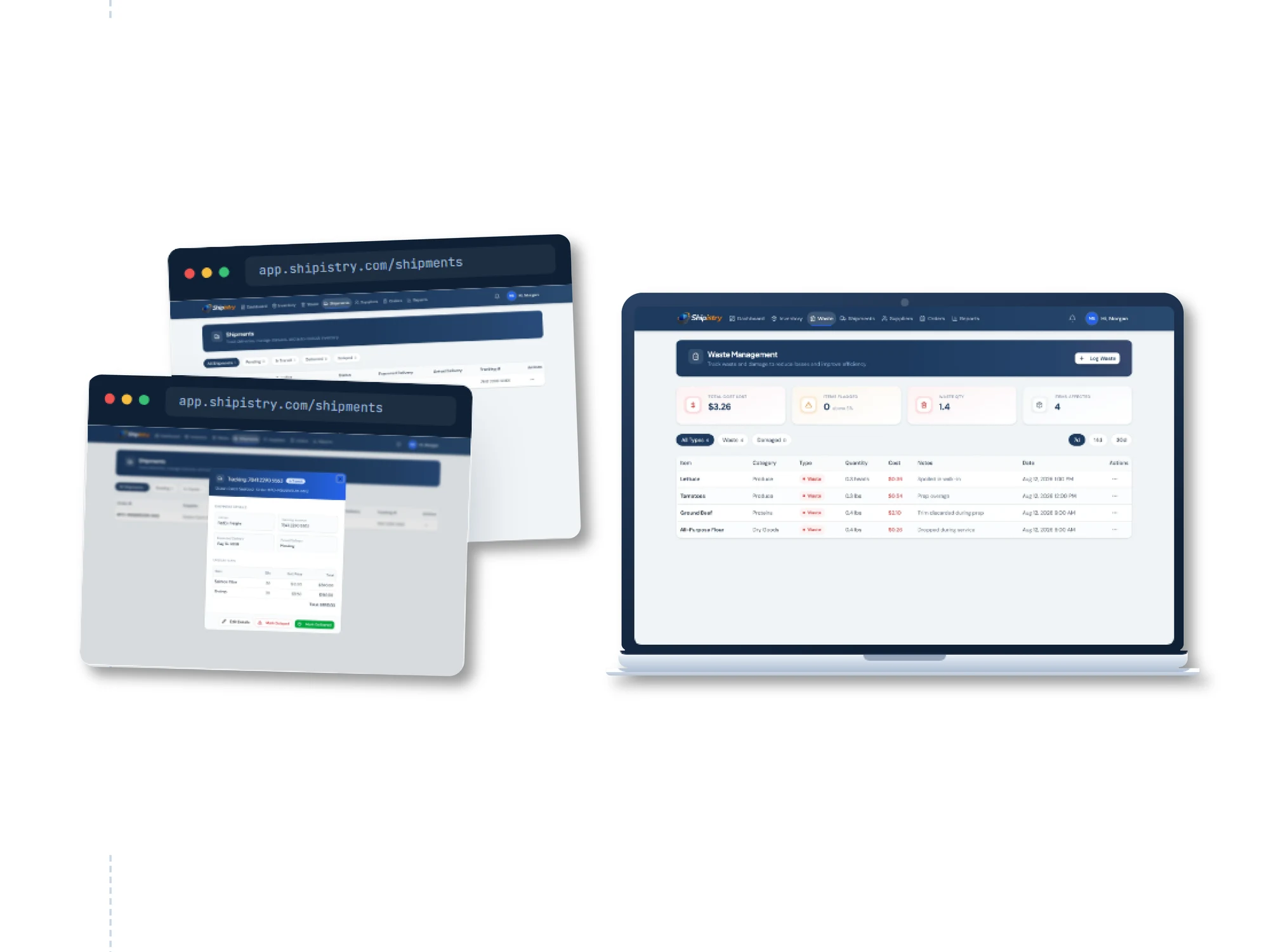 Two browser windows on the shipments page, the front one showing a tracking dialog with carrier, expected delivery, order lines, and Mark Delayed and Mark Delivered buttons, next to a laptop showing Waste Management with cards for total cost lost, items flagged, waste quantity, and items affected above a log of four entries for lettuce, tomatoes, ground beef, and all-purpose flour.