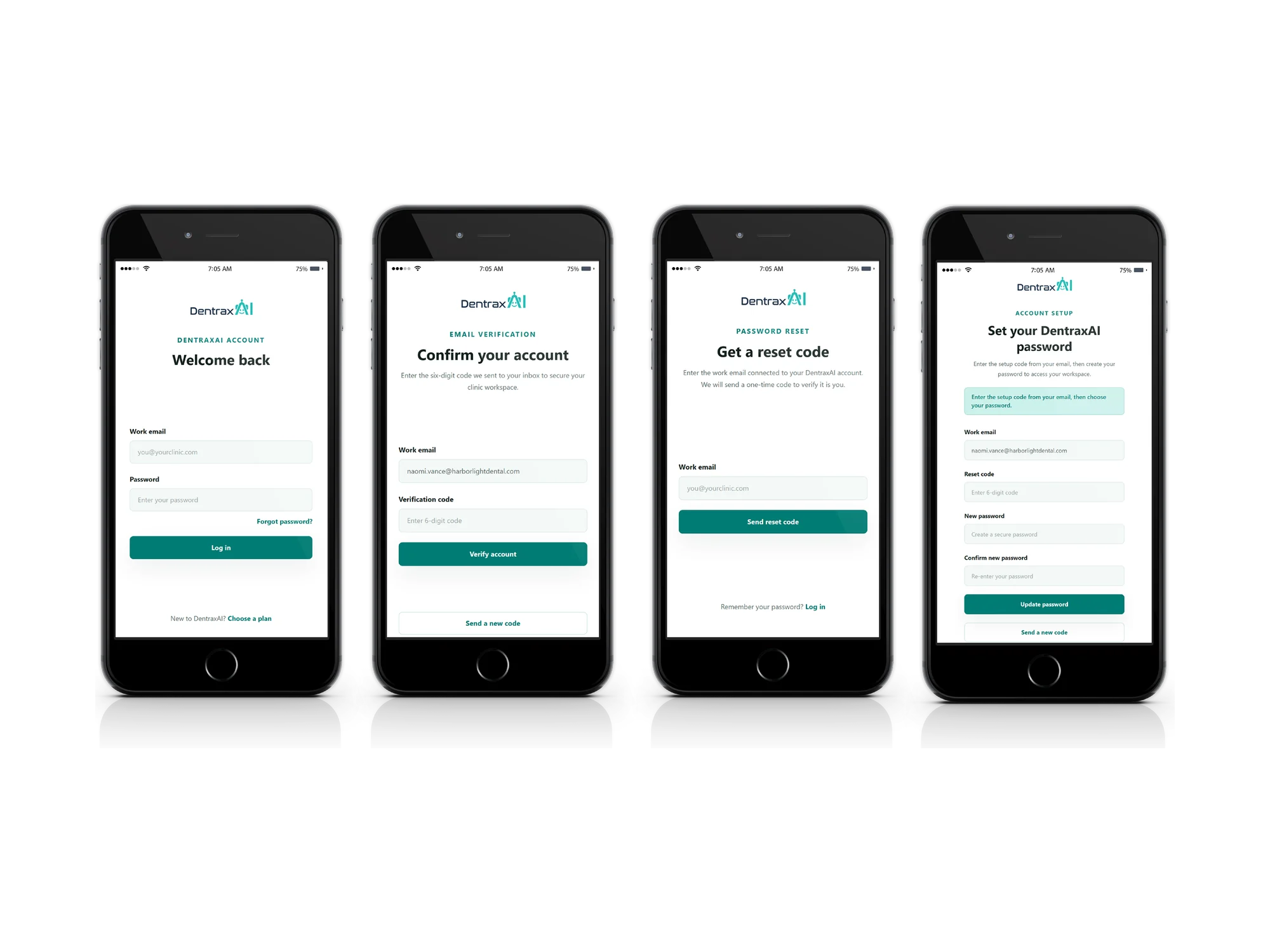 Four phones side by side showing DentraxAI account screens. The first is a log in screen with work email and password fields and a forgot password link. The second is headed Confirm your account, asking for the six-digit code sent to the inbox, with a resend option. The third is headed Get a reset code, asking for the work email connected to the account. The fourth is headed Set your DentraxAI password, with fields for work email, reset code, new password and confirmation, and a note to enter the setup code from the email before choosing a password.