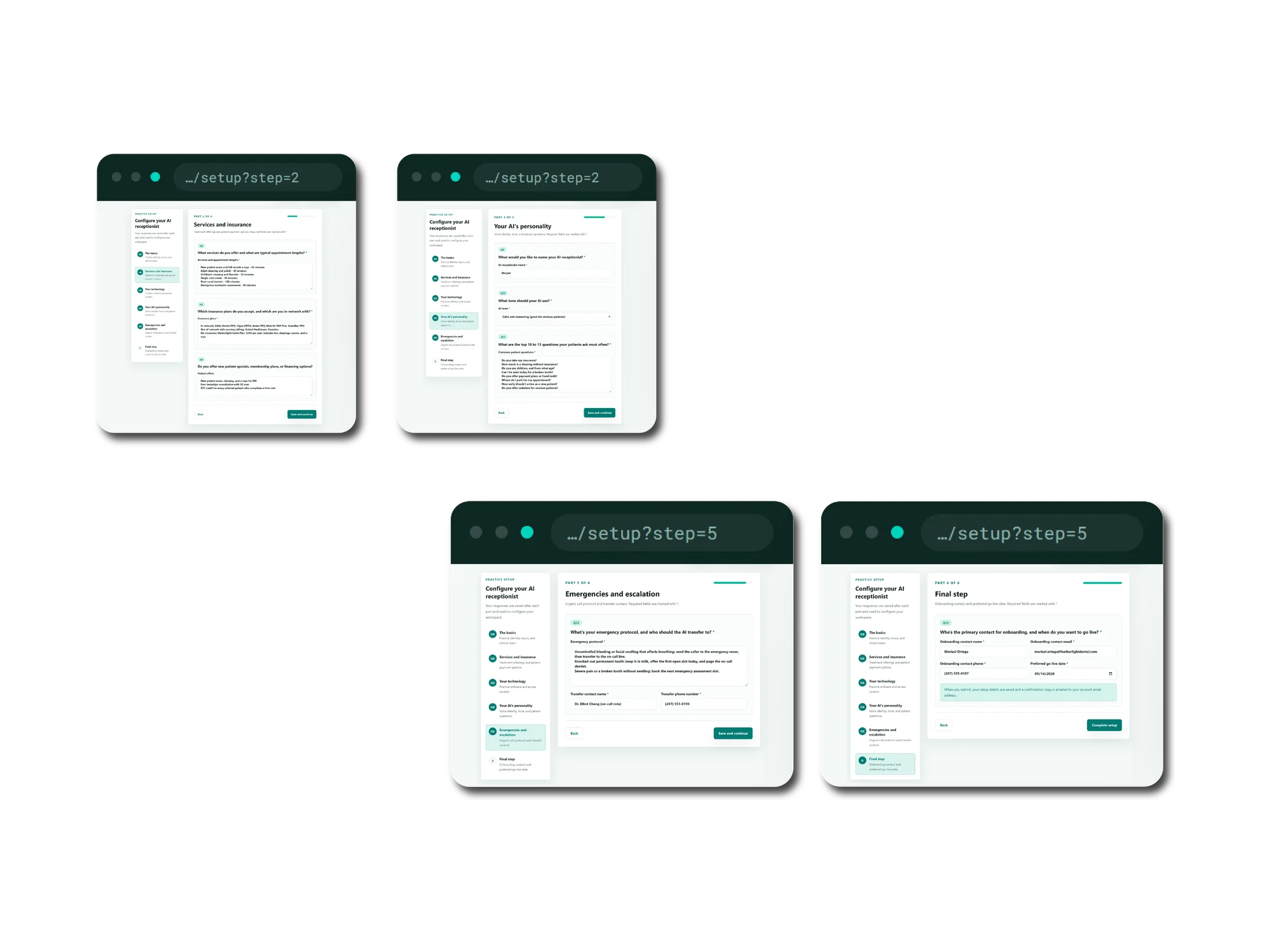 Four browser windows showing later parts of the DentraxAI setup questionnaire. Part 2, Services and insurance, lists treatments with appointment lengths and accepted in-network plans. Part 4, Your AI's personality, sets the receptionist's name to Harper, a calm and reassuring tone for anxious patients, and a list of the questions patients ask most often. Part 5, Emergencies and escalation, gives an emergency protocol covering uncontrolled bleeding, a knocked-out permanent tooth and severe pain, with a named transfer contact and phone number. Part 6, Final step, collects the onboarding contact and a preferred go-live date.