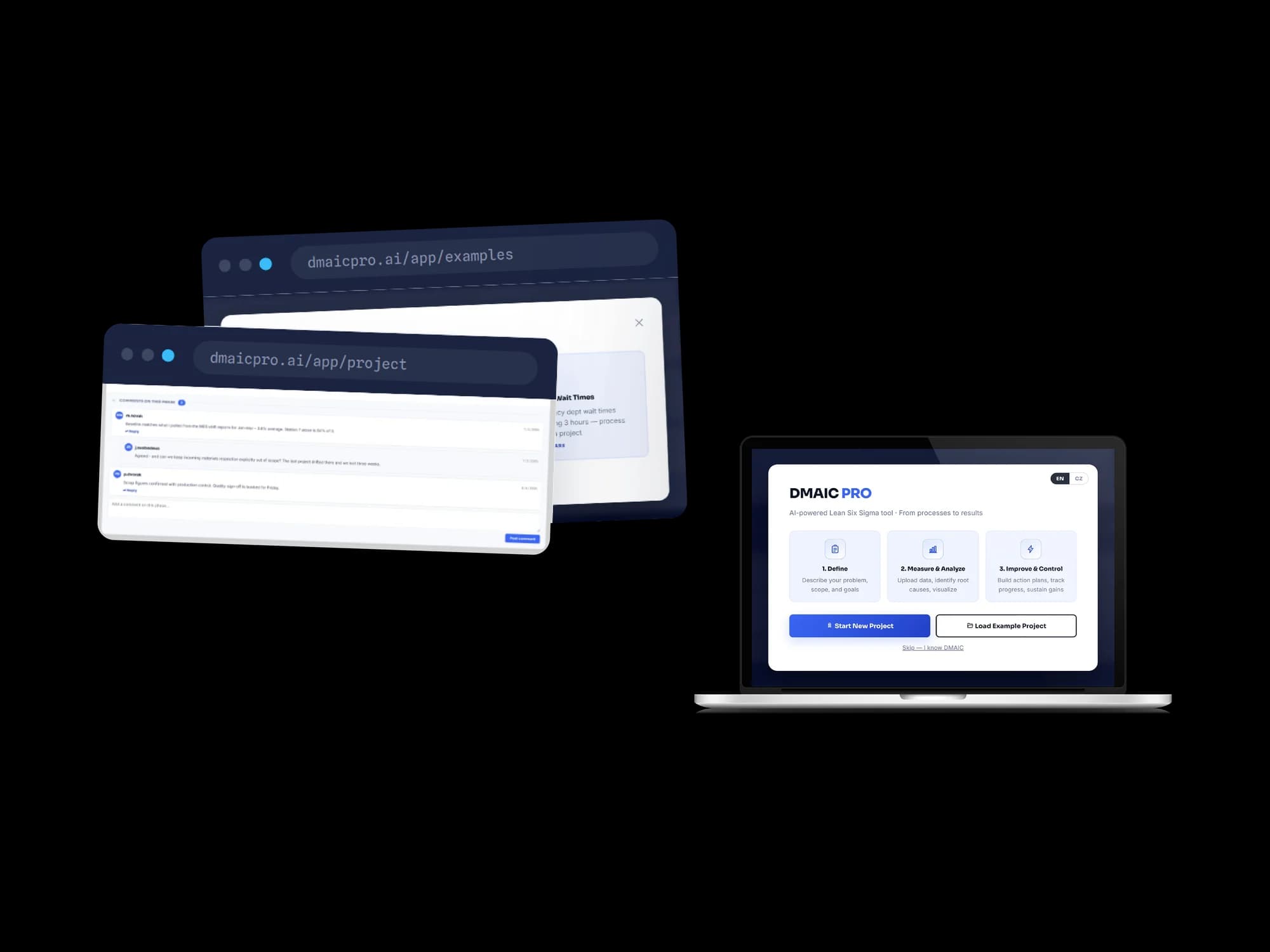 A laptop showing a DMAIC PRO first-run card with EN and CZ toggles, three numbered steps reading Define, describe your problem, scope and goals; Measure and Analyze, upload data, identify root causes, visualize; and Improve and Control, build action plans, track progress, sustain gains, above buttons for Start New Project and Load Example Project and a skip link. Two browser windows behind it show an example-projects picker and a threaded comment stream on a project phase, where team members discuss baseline figures and scope.