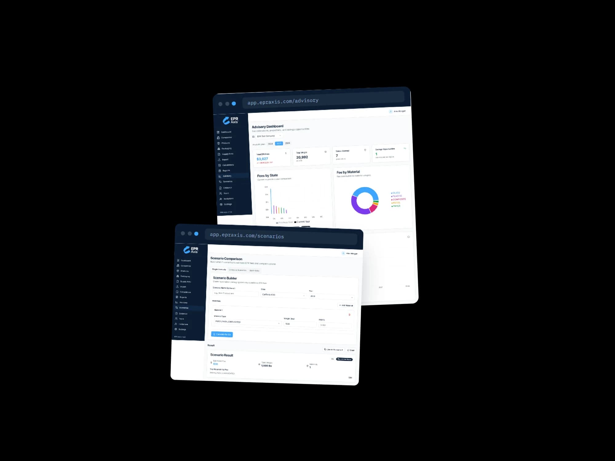 Two browser windows. The upper one shows an advisory dashboard with total fees, total weight, states covered and savings opportunity cards above a fees-by-state comparison chart and a fee-by-material donut chart. The lower one shows a scenario builder with a state, year and material type selected, and a result card giving the estimated fee and total weight.
