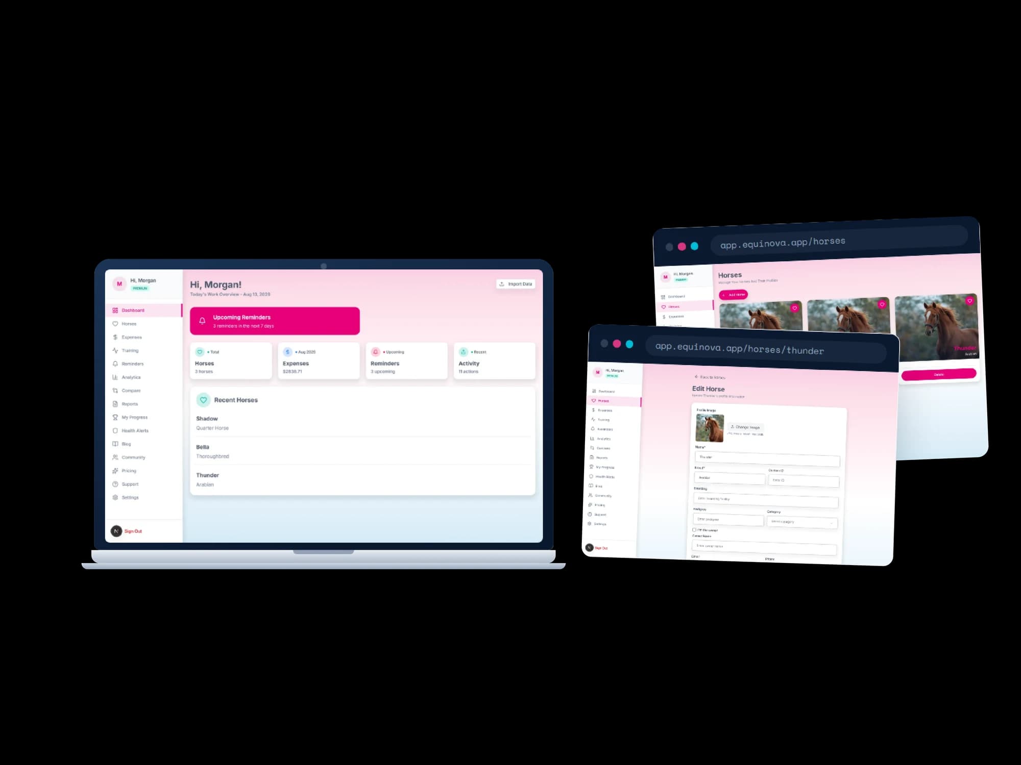 A laptop showing the Equinova dashboard beside two browser windows, one listing horse cards with photographs on the horses page and one showing the Edit Horse form with fields for profile image, name, breed, custom ID, boarding facility, pedigree, category, and owner contact details.