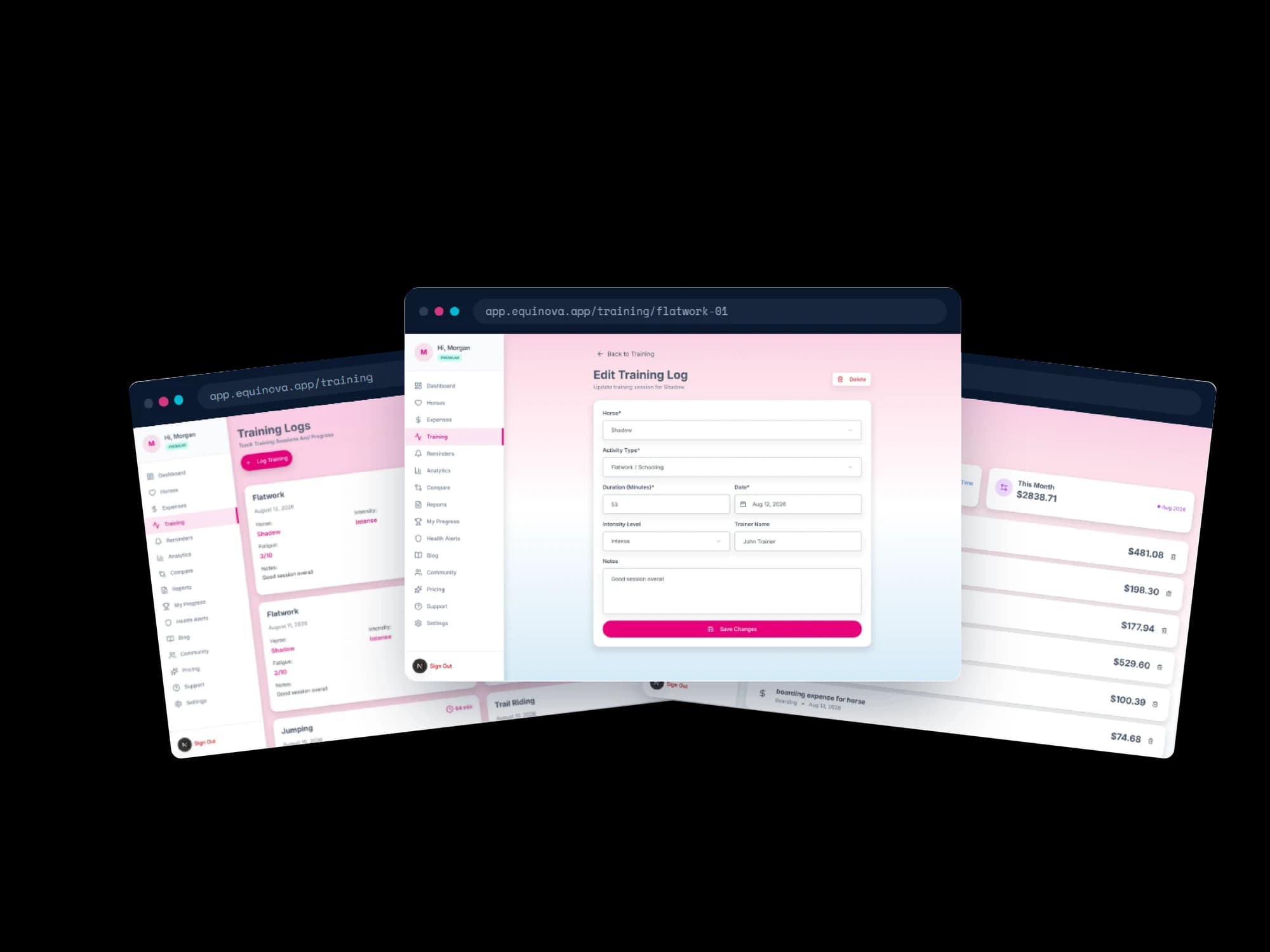 Three overlapping browser windows: a training log feed of flatwork sessions showing date, horse, intensity, and a fatigue score out of ten; an Edit Training Log form with horse, activity type, duration in minutes, date, intensity level, trainer name, and notes above a Save Changes button; and an expenses list headed by a monthly total of 2,838.71 dollars with itemised amounts beneath it.