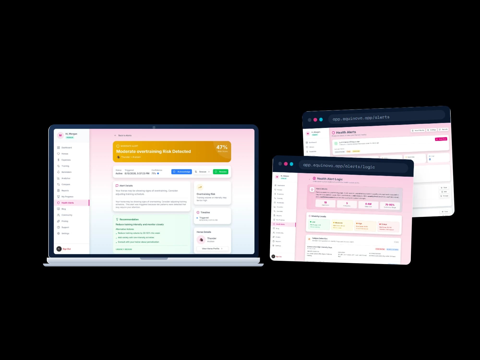 A laptop showing an alert detail page headed Moderate overtraining Risk Detected at a 47 percent risk score for Thunder, with acknowledge, snooze, and resolve actions, alert details, a green recommendation panel listing alternative actions, and a trigger timeline. Two browser windows behind it show the health alerts list and a Health Alert Logic page stating 19 rules across 5 categories, a 6 AM daily scan, a 75 to 95 percent confidence range, and four severity levels.