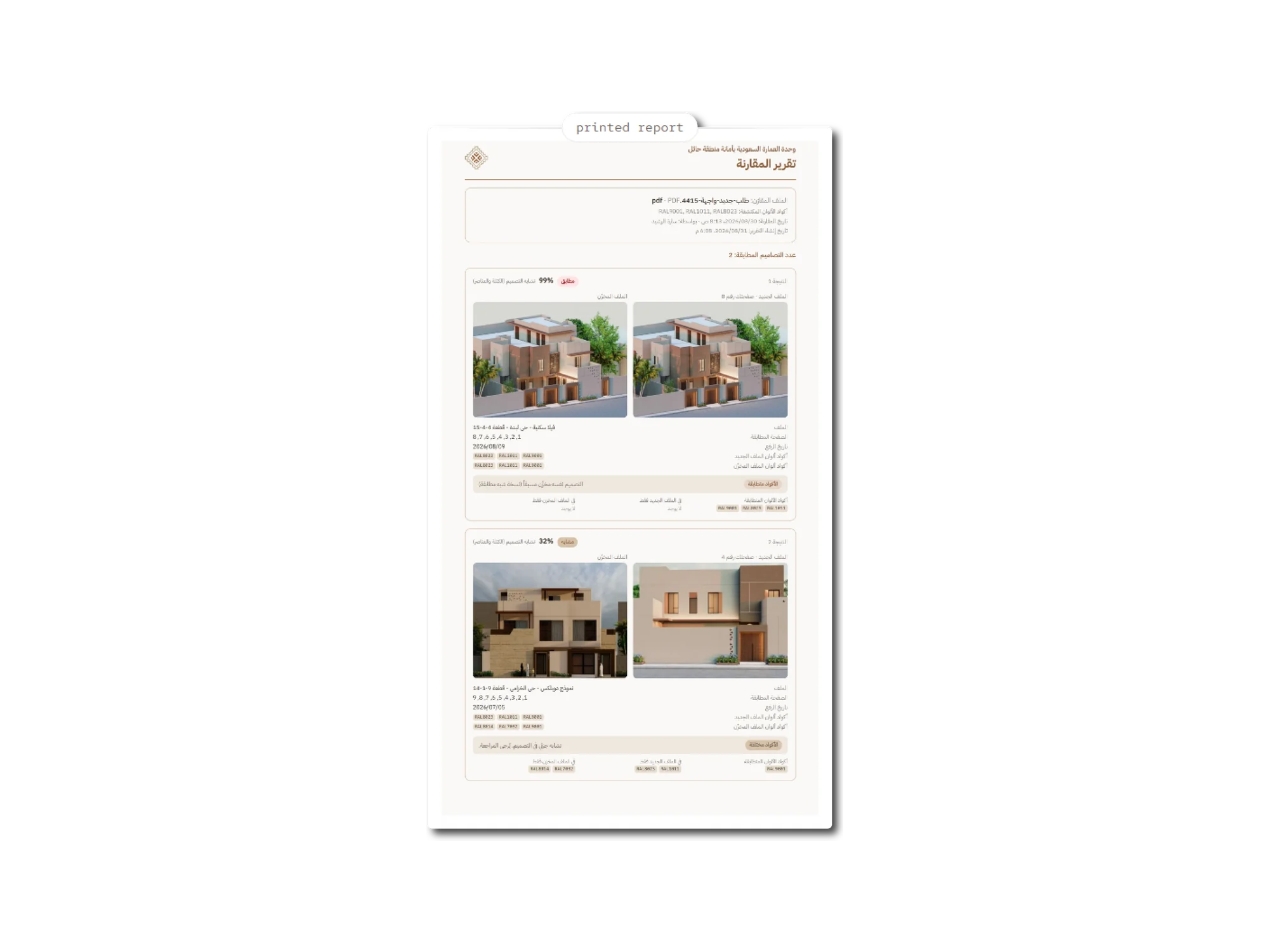 A printed comparison report in Arabic on a portrait page, headed with the unit's logo and wordmark and the title comparison report, listing the compared file, its detected colour codes, the comparison and report dates, and a count of two matching designs. Two result blocks follow: one marked identical at 99 percent with two matching renders side by side and their shared colour codes, and one marked similar at 32 percent with two different façades and a note that the codes differ.