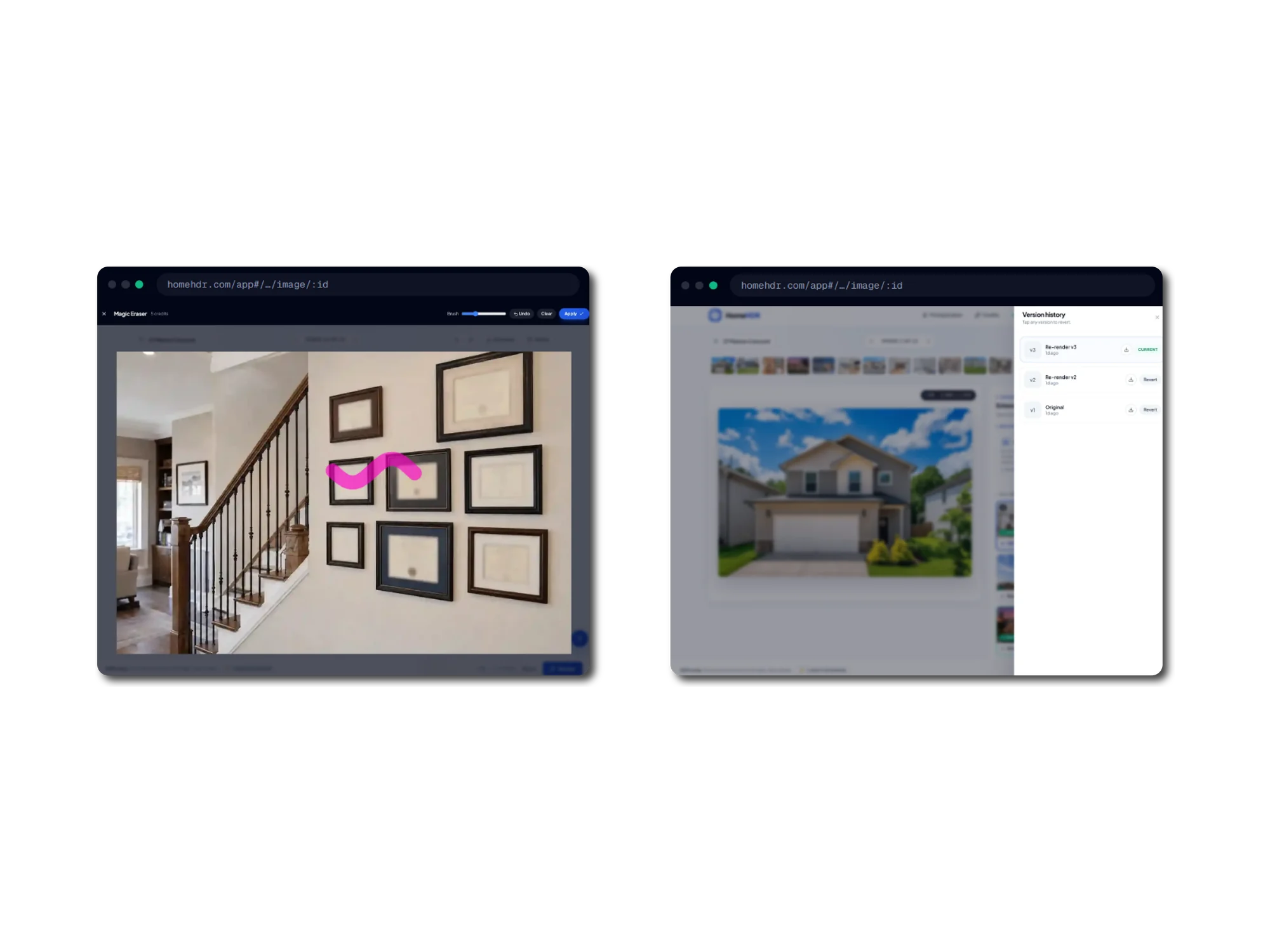 Two browser windows. The first shows the Magic Eraser open over a photograph of a staircase and a wall of framed pictures, with a pink brush stroke masking one frame, a brush size slider, and undo, clear and apply controls. The second shows a version history panel listing re-render v3 marked current, re-render v2 and the original v1, each with a download icon and the two earlier ones offering a revert action, over the dimmed editor behind it.