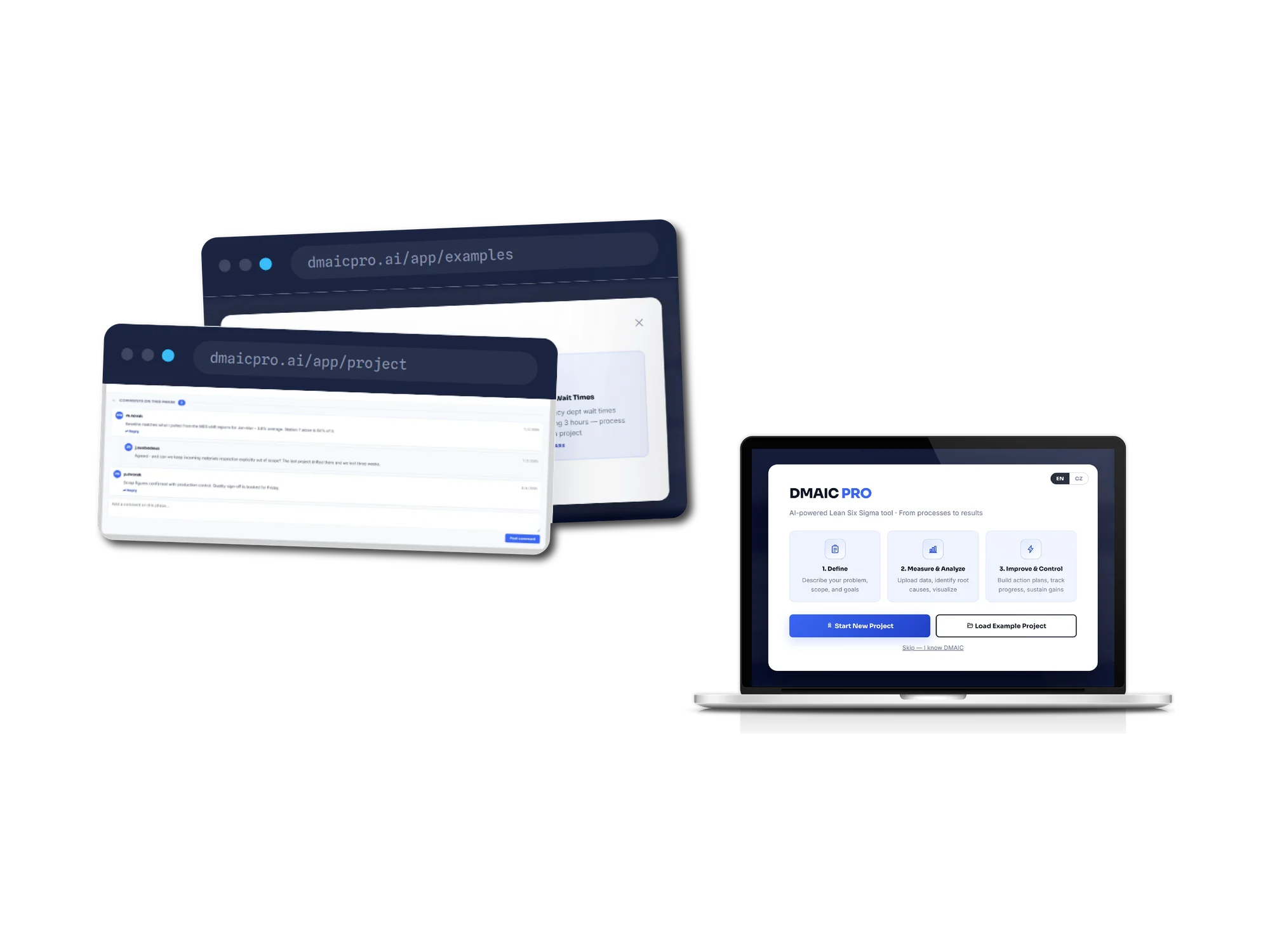 A laptop showing a DMAIC PRO first-run card with EN and CZ toggles, three numbered steps reading Define, describe your problem, scope and goals; Measure and Analyze, upload data, identify root causes, visualize; and Improve and Control, build action plans, track progress, sustain gains, above buttons for Start New Project and Load Example Project and a skip link. Two browser windows behind it show an example-projects picker and a threaded comment stream on a project phase, where team members discuss baseline figures and scope.